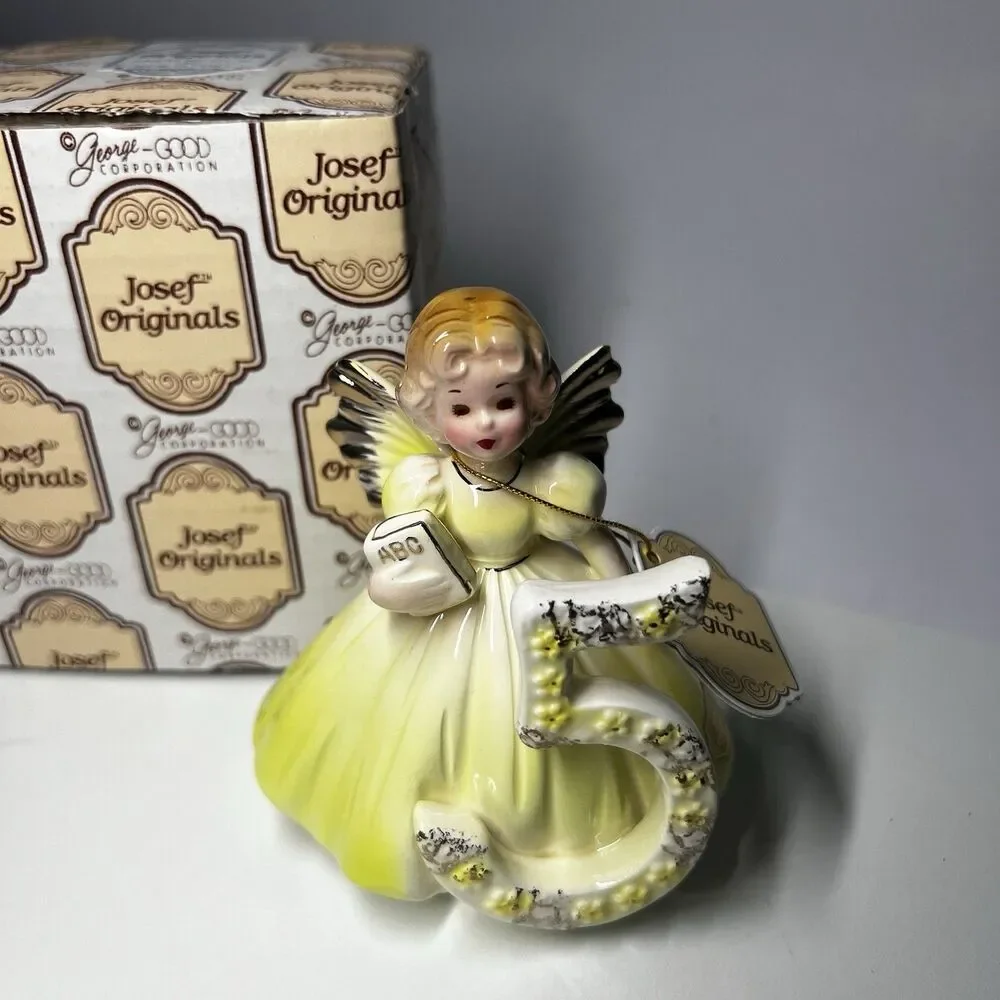 Josef Originals Birthday Girl Angel Age 5 Fifth Year ABC Book Figurine Box Tag